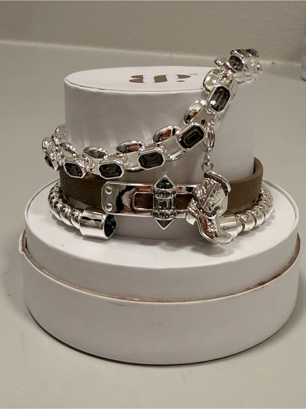 Bomb Party NWT! Silver Set with Tan Leather and Cowboy Boot Charm Stack